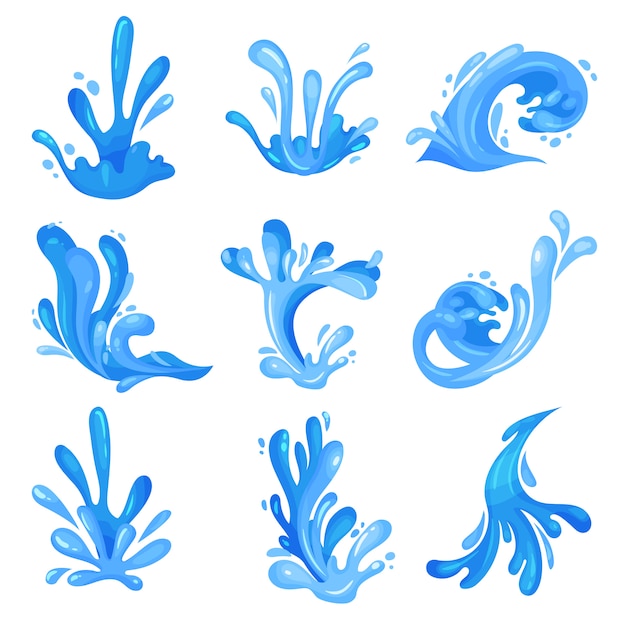 Set van blauwe zee of oceaan golven, krachtige waterstroom illustraties