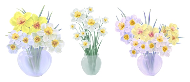 Set van bloeiende boeketten van gele en witte narcissen bloemen in een vaas vectorillustratie