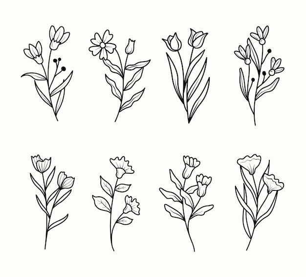 Vector set van bloemen lijn kunst