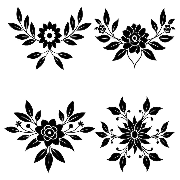 Set van bloemen linocut silhouet vector clip art geïsoleerd op witte achtergrond