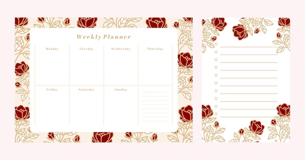 Set van bloemen wekelijkse planner en lijst Kladblok sjabloon te doen