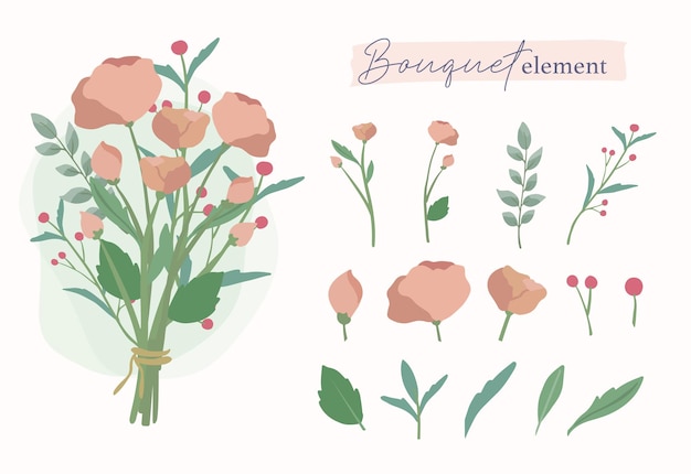 Set van bloemstuk boeket roze perzik blad geïsoleerd element illustraties