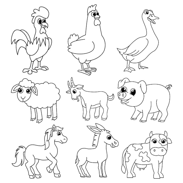 Set van boerderijdieren cartoon kleurplaat pagina illustratie vector Voor kinderen kleurboek