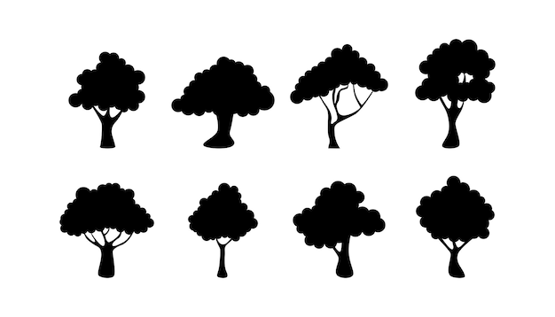 Set van bomen silhouet op witte achtergrond silhouet boom clipart set boom silhouetten