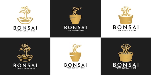 Set van bonsaiboom logo-ontwerpen op potten