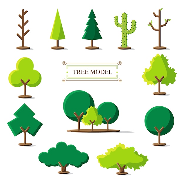 Set van boom model pictogram op witte achtergrond