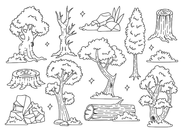 Set van bos boom doodle vectorillustratie