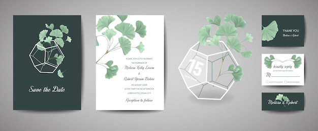 Set van botanische retro bruiloft uitnodigingskaart, moderne Save the Date, sjabloonontwerp van ginkgo biloba verlaat illustratie. Vector trendy omslag, pastel grafische poster, brochure