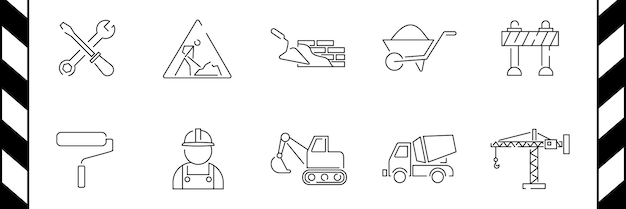 Set van bouwgerelateerde vectorlijnpictogrammen Bevat pictogrammen zoals bouwgereedschap en uitrusting plamuurmesladderbouwer en meer