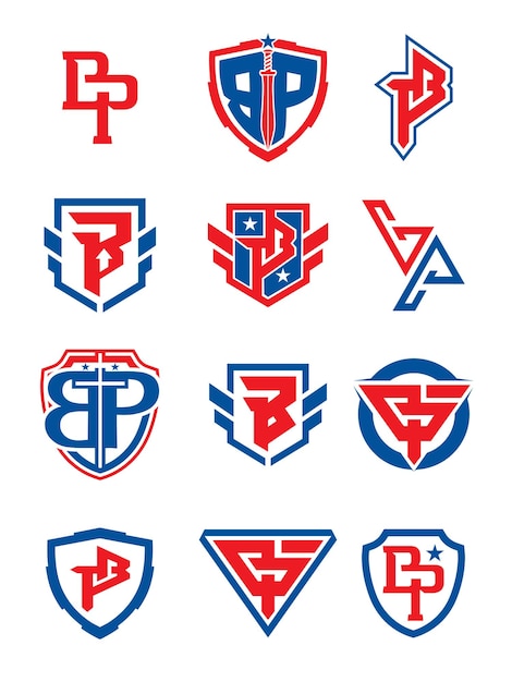 Vector set van bp- of pb-logoontwerp voor sport- of jachtlogo, militair logoconcept