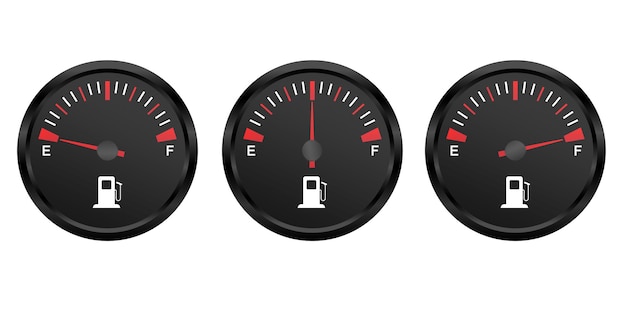 Set van brandstofmeter laag midden en een volle tank Ronde zwarte autodashboard 3D-brandstofindicator en sensor Vectorillustratie geïsoleerd op een witte achtergrond
