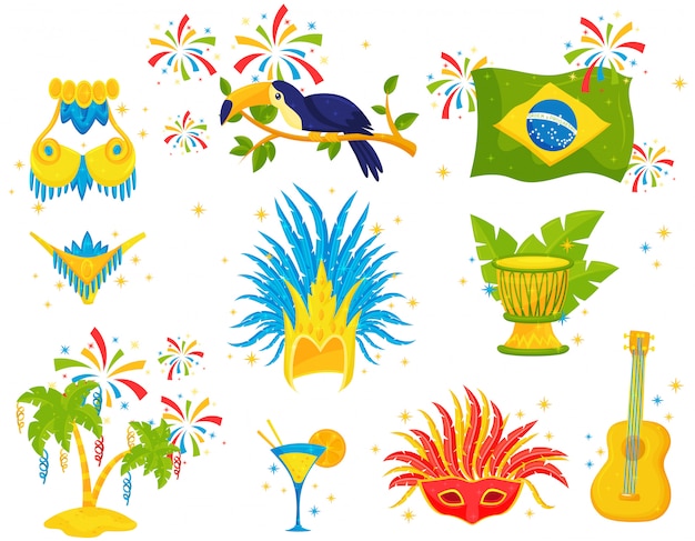 set van Braziliaanse iconen. Feestelijke attributen, sambakostuum, toekan, palmbomen en muziekinstrumenten