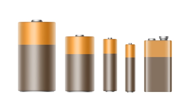 Set van bruin geel gouden glanzende alkaline batterijen van verschillende grootte AAA, AA, C, D, PP3 en 9 volt batterij voor branding Close-up geïsoleerd op witte achtergrond