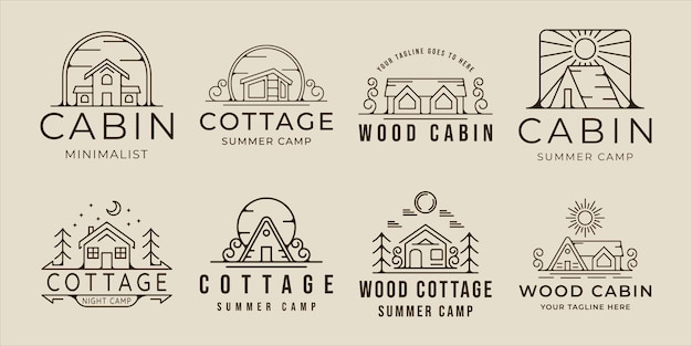 Set van cabine of cottage logo lijntekeningen eenvoudige minimalistische vector illustratie sjabloon pictogram grafisch ontwerpbundel collectie buiten avontuur embleem voor natuur concept met badge en typografie