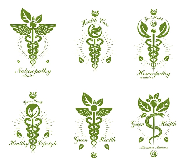 Set van Caduceus vector conceptuele emblemen gemaakt met slangen en groene bladeren. Wellness en harmonie metafoor. Alternatieve geneeskunde concept, fytotherapie logotypen.