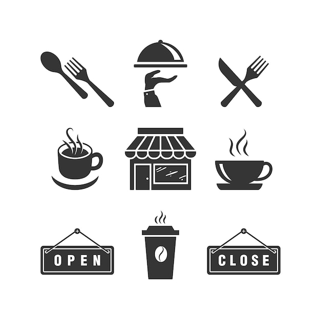 Set van café iconen, restaurant icoon, eten en drinken pictogram vector ontwerp illustratie