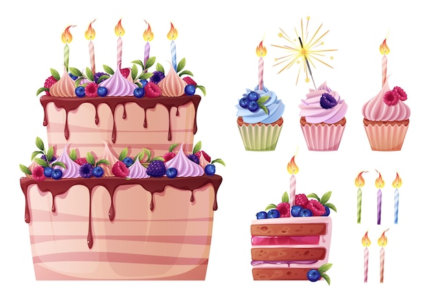 Vector set van cakes cupcakes muffins op een geïsoleerde achtergrond geschikt voor het ontwerpen van kaarten voor verjaardagen kerstmis enz. een stuk taart versierd met bessen en kaarsen