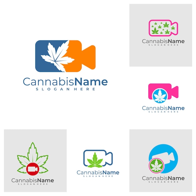 Set van Camera Cannabis-logo met sjabloon voor visitekaartjes Creatieve Cannabis-logo-ontwerpconcepten