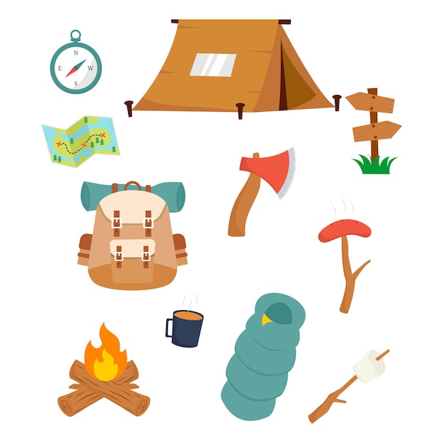 Set van camping- en wandelapparatuur vector illustraties illustratie Camping vakantie iconen