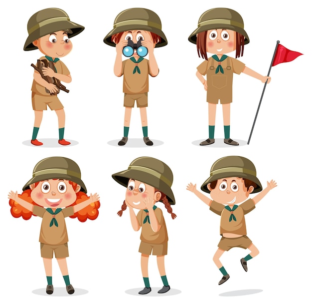 Set van camping kids stripfiguur