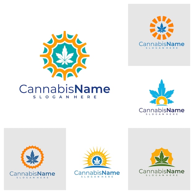 Set van Cannabis Sun logo vector sjabloon Creatieve Cannabis logo ontwerpconcepten