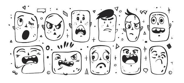 Set van cartoon gezichten expressieve ogen en mond komische emoties