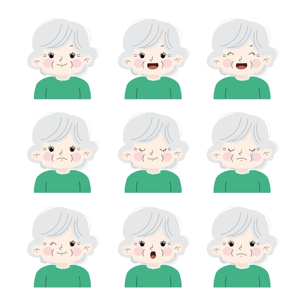 set van cartoon grootmoeder gezichtsuitdrukking illustratie