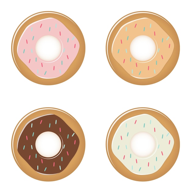 Set van cartoon kleurrijke zoete donut met glazuur geïsoleerd op een witte achtergrond Vector platte illustratie