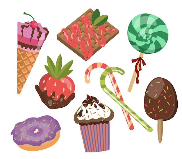 Vector set van cartoon snoep pictogrammen. vectorillustratie van cupcake, donut, wafel, ijs voor vakantie, verpakking, menu's en recepten.