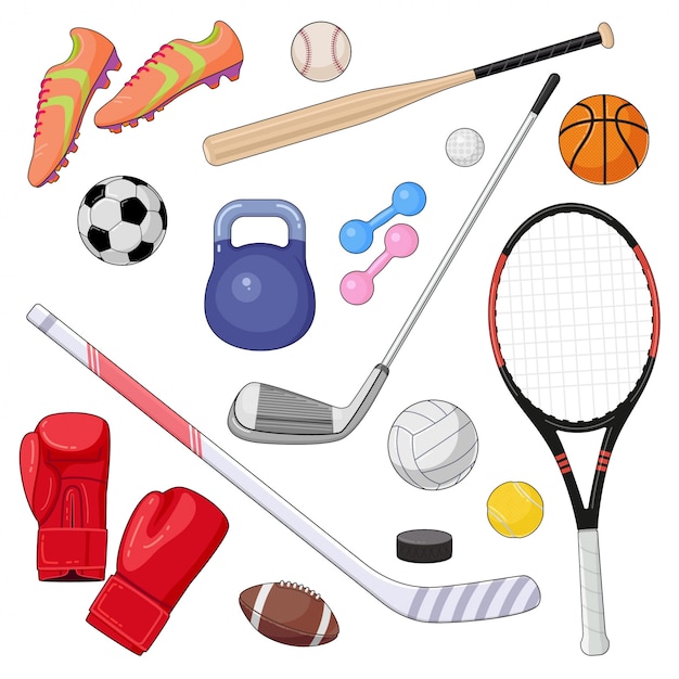 Set van cartoon sportuitrusting. Vector illustratie van kleurrijke sportballen en gaming-items.