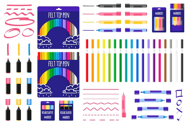 Set van cartoon vectorillustraties met gekleurde markeringen en viltstiften op witte achtergrond.