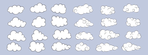 Set van cartoon wolk pictogram in platte ontwerp vectorillustratie geïsoleerd op blauwe achtergrond