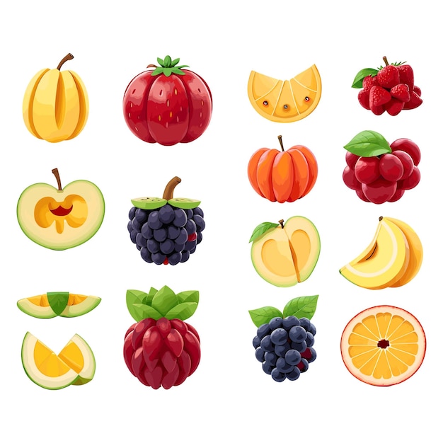 Set van cartoons Fruits Art Illustratie Vector Design