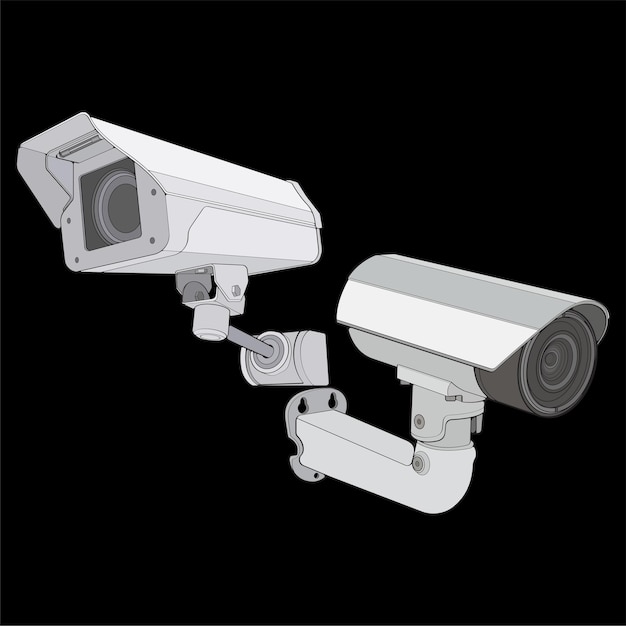 Set van cctv in kleur vector stijl geïsoleerd op zwarte achtergrond CCTV in kleur vector stijl voor kleurboek