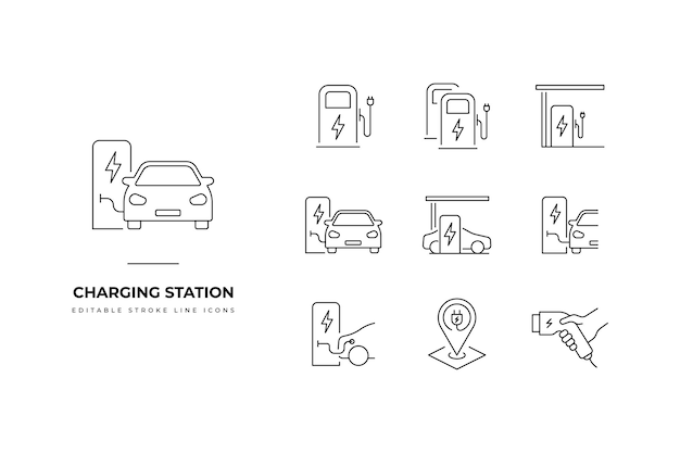 Vector set van charge station iconen eenvoudige lijnkunst en bewerkbare stroke kleur en grootte iconen pack