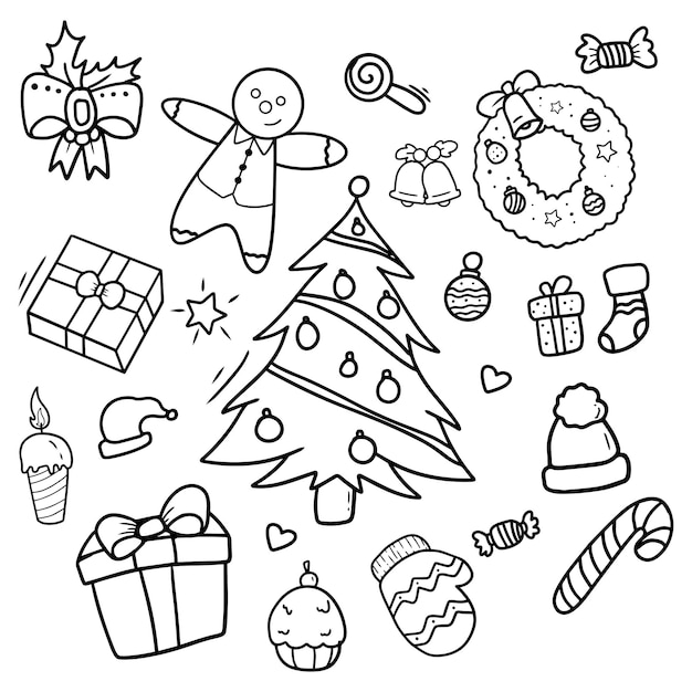 set van chirstmas met de hand getekende doodle stijl