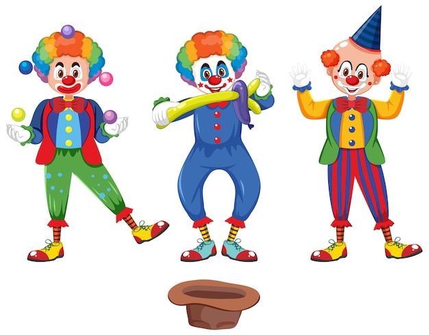 Set van clown die stripfiguur uitvoert