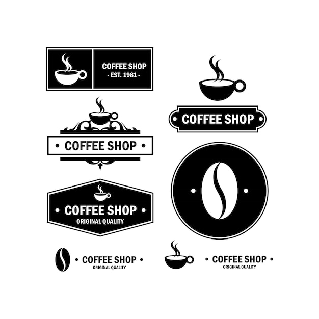 Vector set van coffeeshop logo mokken bonen en koffie apparatuur pictogrammen