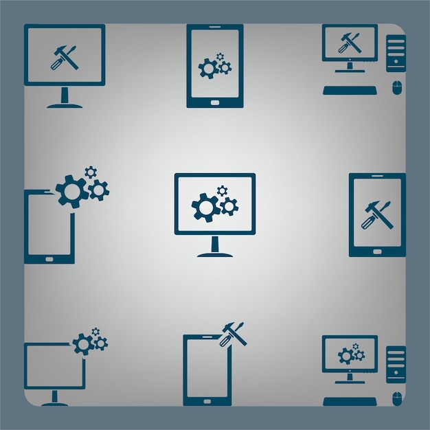 Set van computerapparatuurinstellingen symbool set vector illustratie op een grijze achtergrond Eps 10