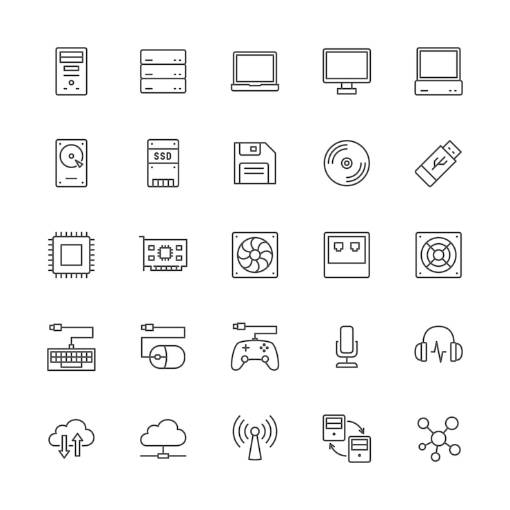 Vector set van computeronderdelen lijn pictogrammen. systeemeenheid, console, server en meer.