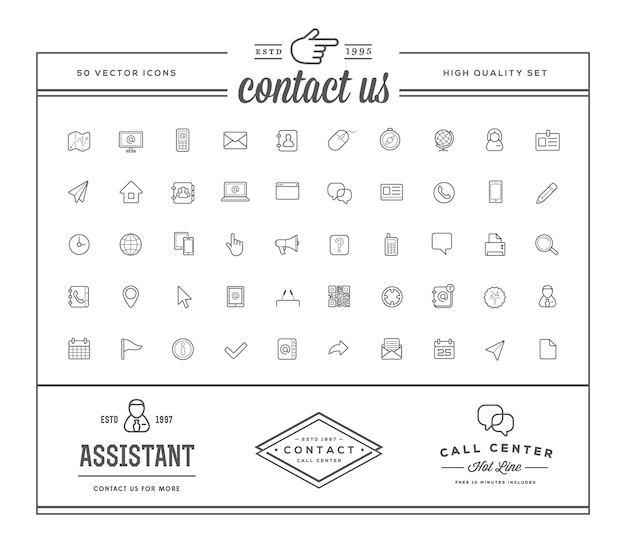 Set van contact met ons op service-elementen en assistentie ondersteuning kan worden gebruikt als logo of pictogram in premium kwaliteit met logotype-voorbeelden