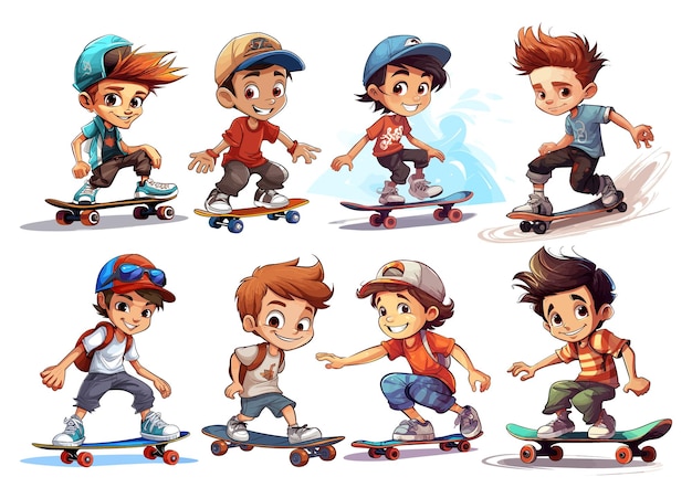 Set van coole jongen op skateboard vectorillustratie