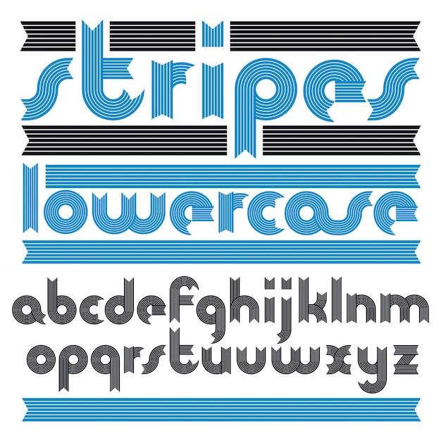 Vector set van coole vector kleine engelse alfabet letters geïsoleerd. funky cursief afgerond vet lettertype, typoscript voor gebruik in logo-ontwerp. gemaakt met gestreepte sierlijke, parallelle lijnen.