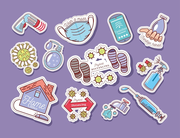 Set van coronavirus covid 19 bescherming en preventie illustratie stickerpictogram