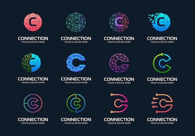 Vector set van creatieve letter c moderne digitale technologie logo-ontwerp. het logo kan worden gebruikt voor technologie, digitaal, verbinding, elektriciteitsbedrijf.