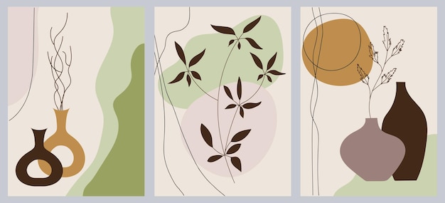 Set van creatieve minimalistische handgeschilderde illustraties met decoratieve takken bladeren en abstracte bloemen voor postkaart poster social media verhaal designx9