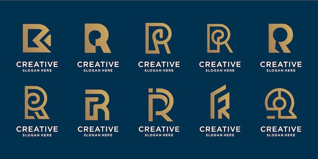 Set van creatieve monogram letter R gouden ontwerpsjabloon. pictogrammen voor zaken van luxe, elegant, eenvoudig.
