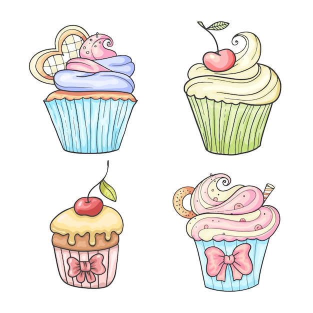 Set van cupcakes, vintage illustratie