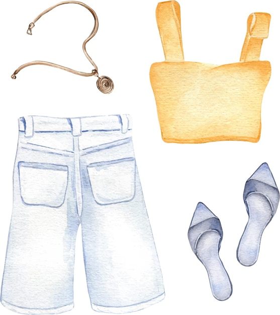 Set van dames zomerkleding aquarel illustratie geïsoleerd op wit Dames stijlvolle outfit van top jeans shorts schoenen hand getekend Ontwerp voor winkel verkoop tijdschrift verpakking showcase patroon