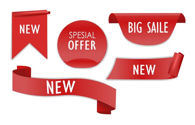 Set van de beste keuze bestel nu speciale aanbieding nieuwe en grote verkoop banners op witte achtergrond rode linten